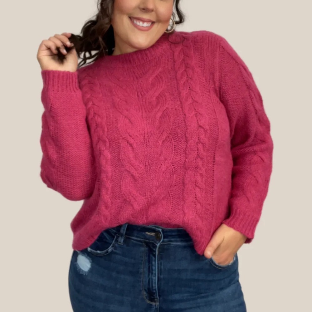 Esmara Wool Chunky Cable Knit Crew Neck Sweater Cozy Red Pink Sweater Lg 12/14
